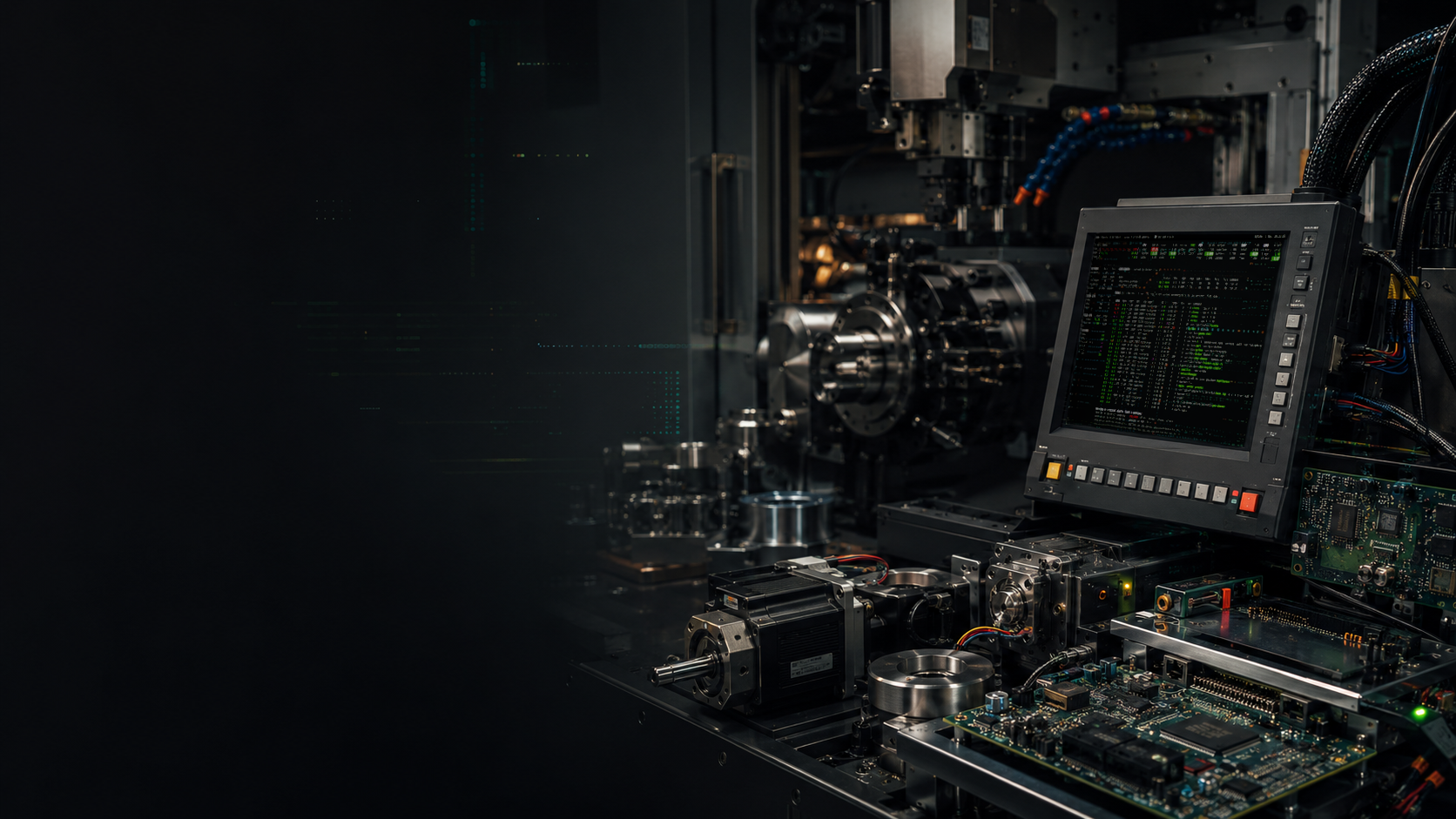 Laboratório de engenharia com máquinas industriais, placas eletrônicas e terminal Linux
